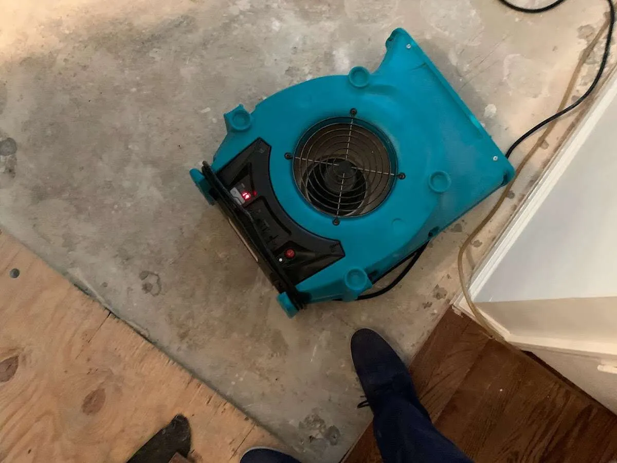 Air mover drying subfloor during Leak Detection & Repair in Shrewsbury